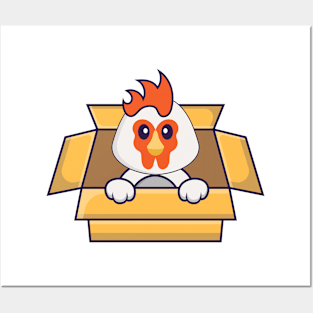 Cute chicken Playing In Box. Posters and Art